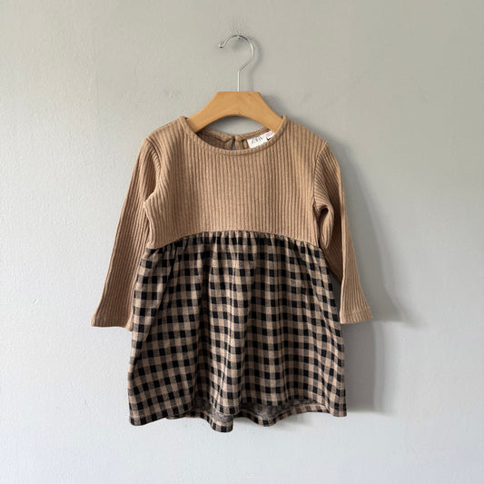 Zara / Beige ribbed x plaid knit skirt dress / 2-3Y