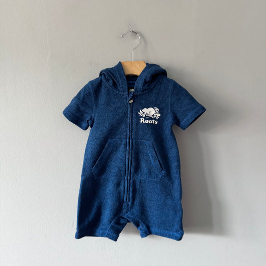 Roots / Blue salt and pepper crew romper / 12-18M