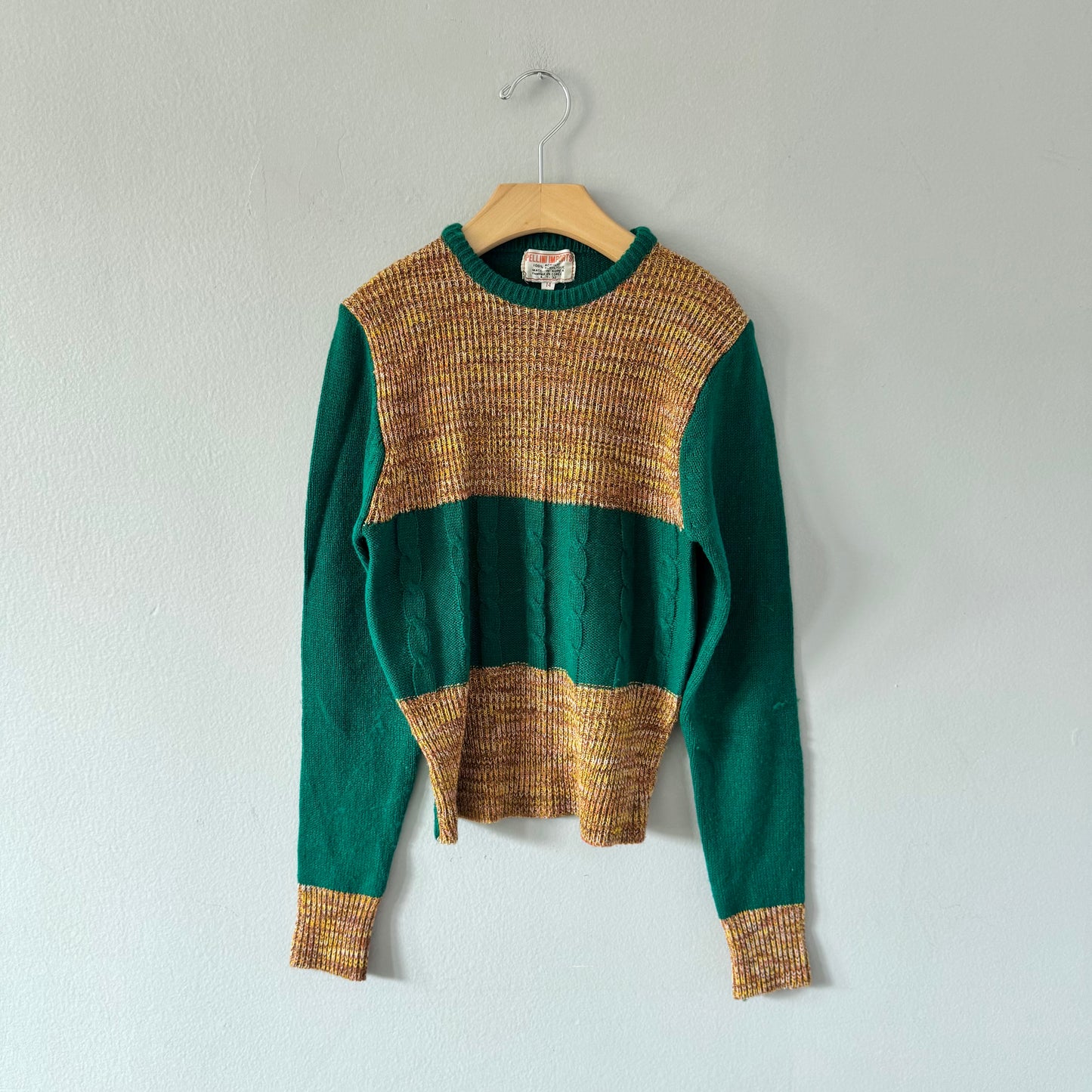 Pull en maille vintage vert et marron / 14 ans (convient aux 10-11 ans)