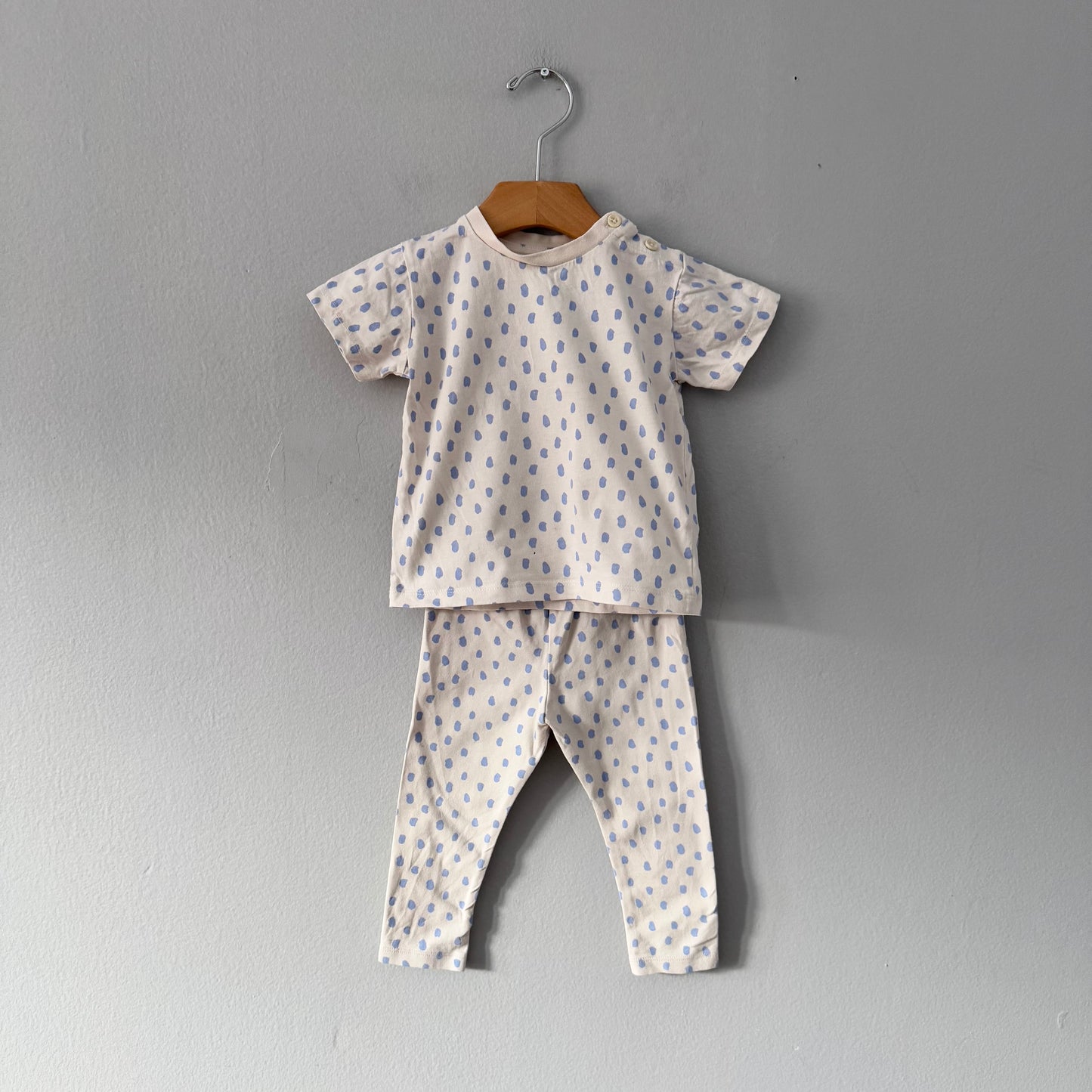 M&S / White x blue dots tee & leggings set / 9-12M