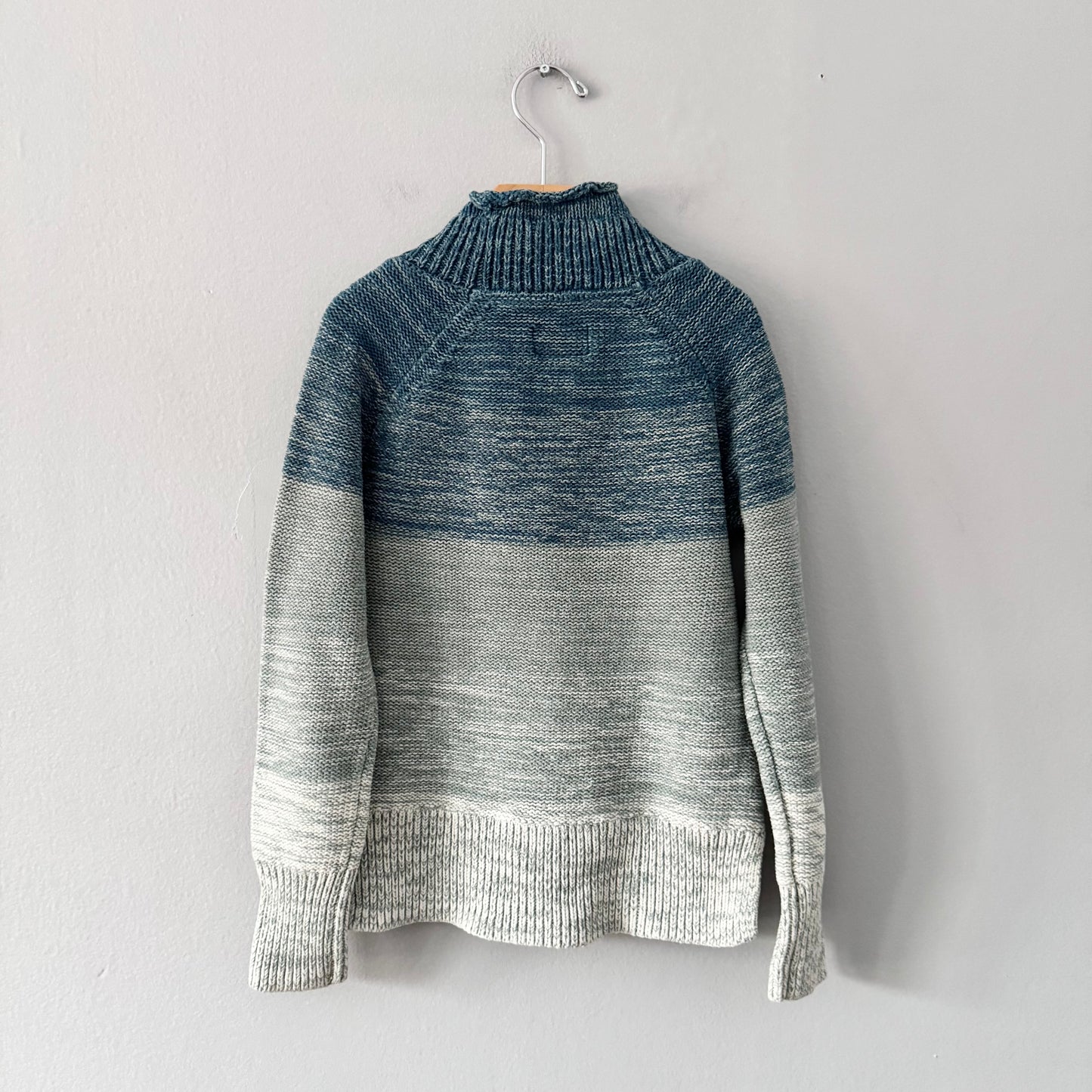 Roots / Blue/green white turtle neck cotton knit pullover / 7-8Y