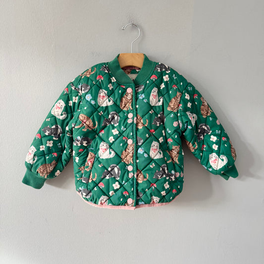 Mini Boden / Green x cat quilted sherpa lined jacket / 2-3Y