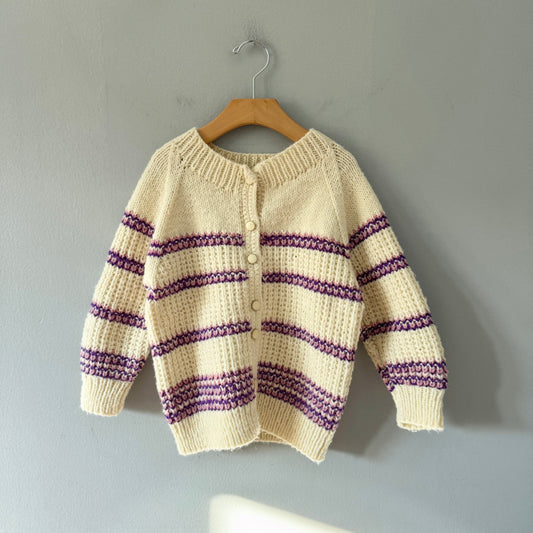 Handmade / White x purple stripe knit cardigan / 5-6Y