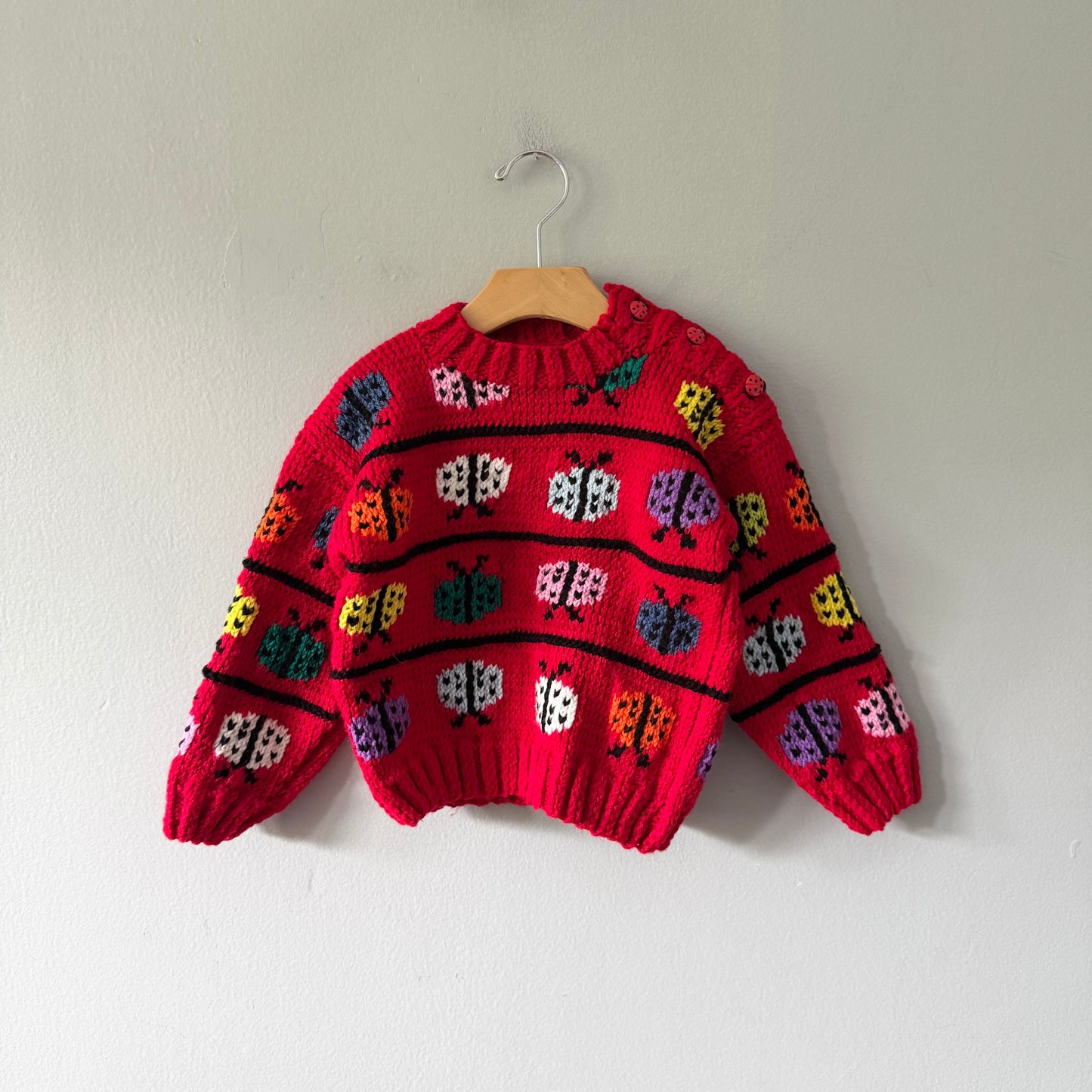 Handmade / Red ladybug knit pullover / 3-4T