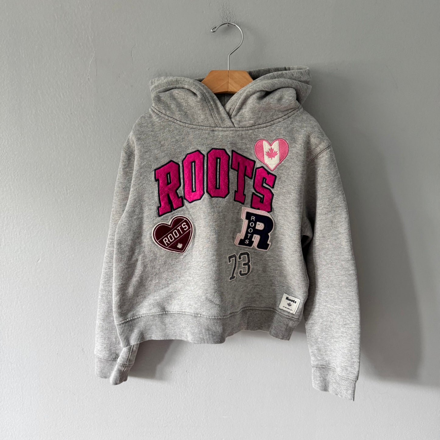 Roots / Light grey x pink logo hoodie / 7-8Y