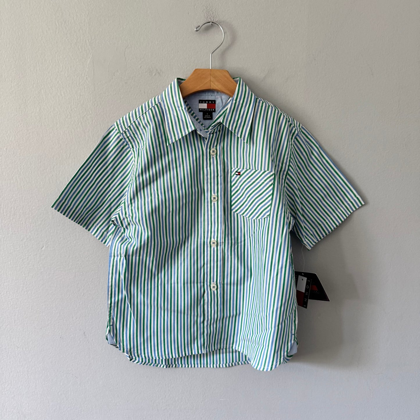 Tommy Hilfiger / White green stripe shirt / 7Y - New with tag
