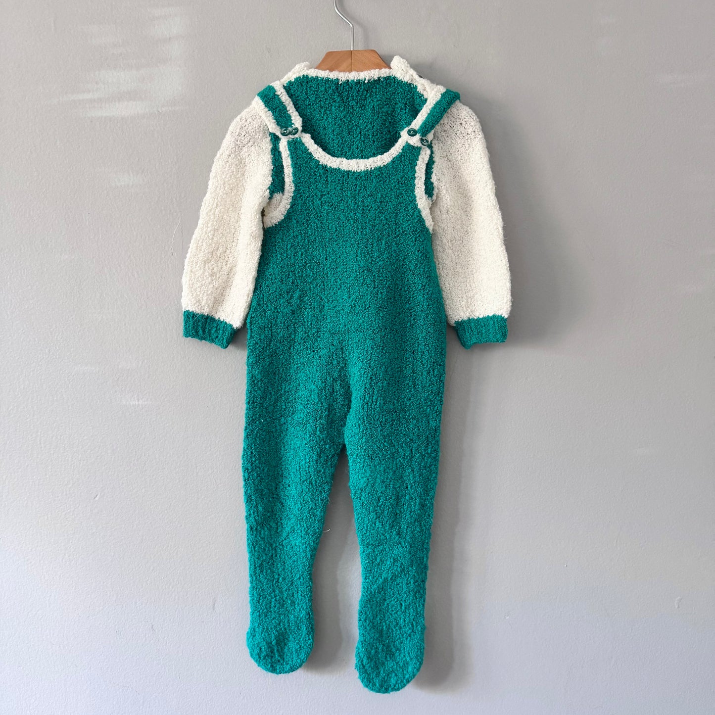 Handmade / Green x white knit overall and pullover set / 18M