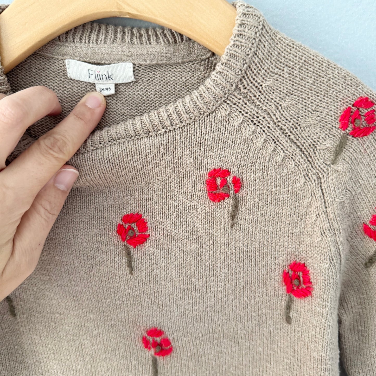 Fliink / Beige x flower knit dress / 3Y