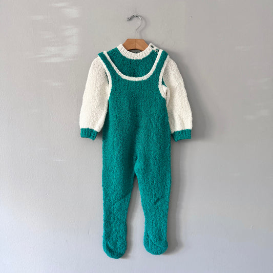 Handmade / Green x white knit overall and pullover set / 18M