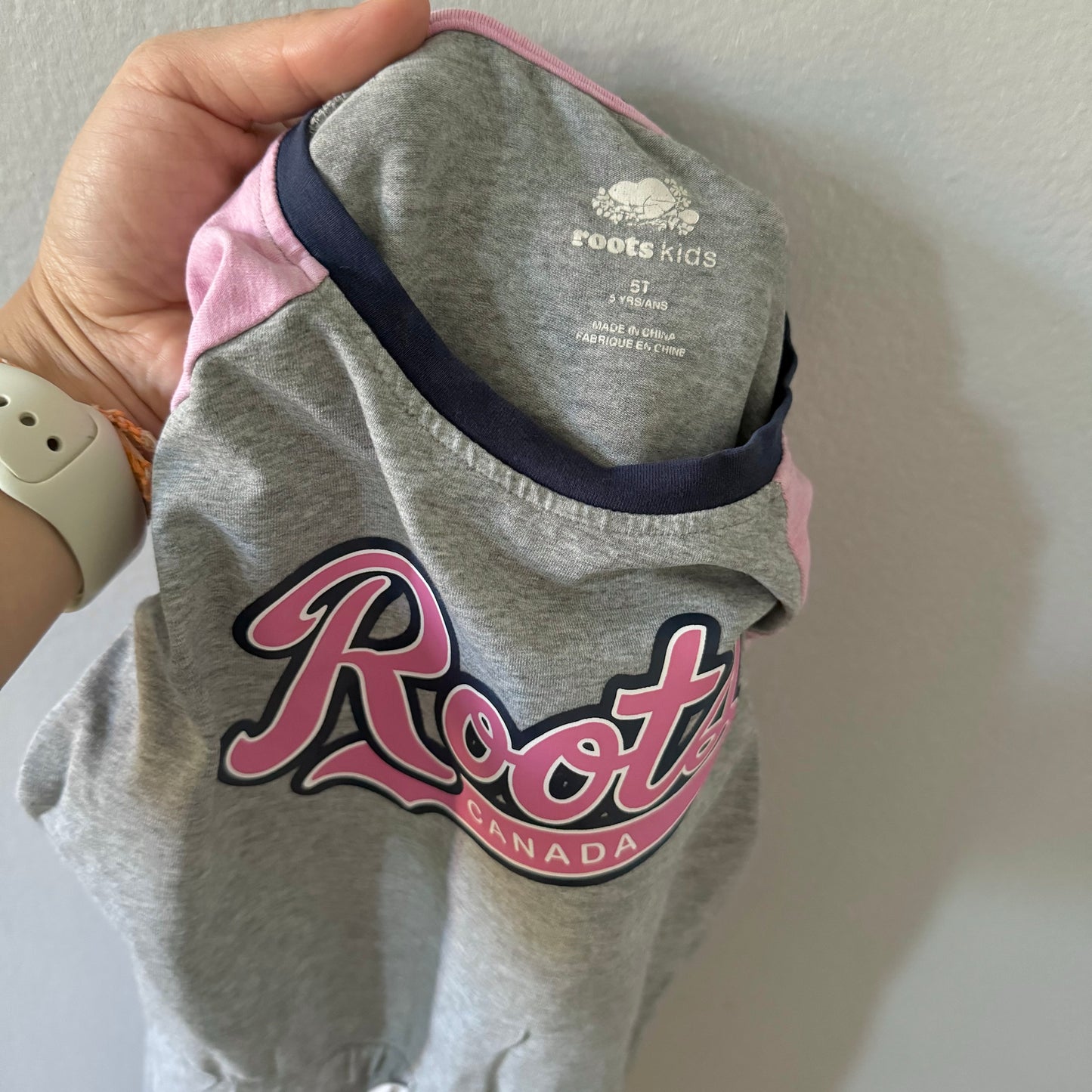 Roots / Light pink x grey raglan crew dress / 5T