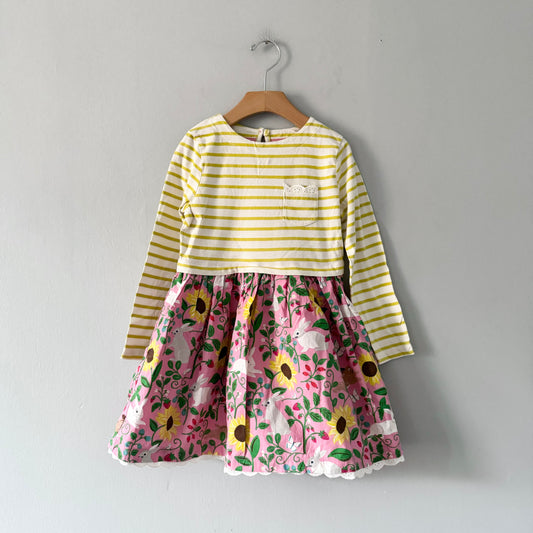 Mini Boden / Yellow white stripe x pink rabbit skirt dress / 5-6Y