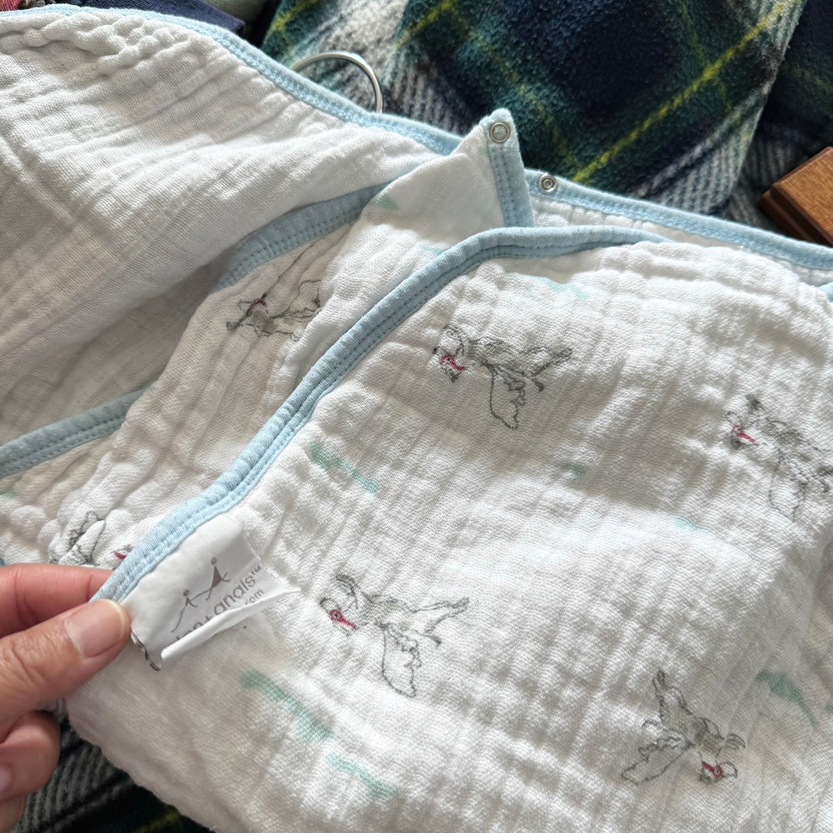 Aden + Anais / White x light blue swaddle / 3-6M