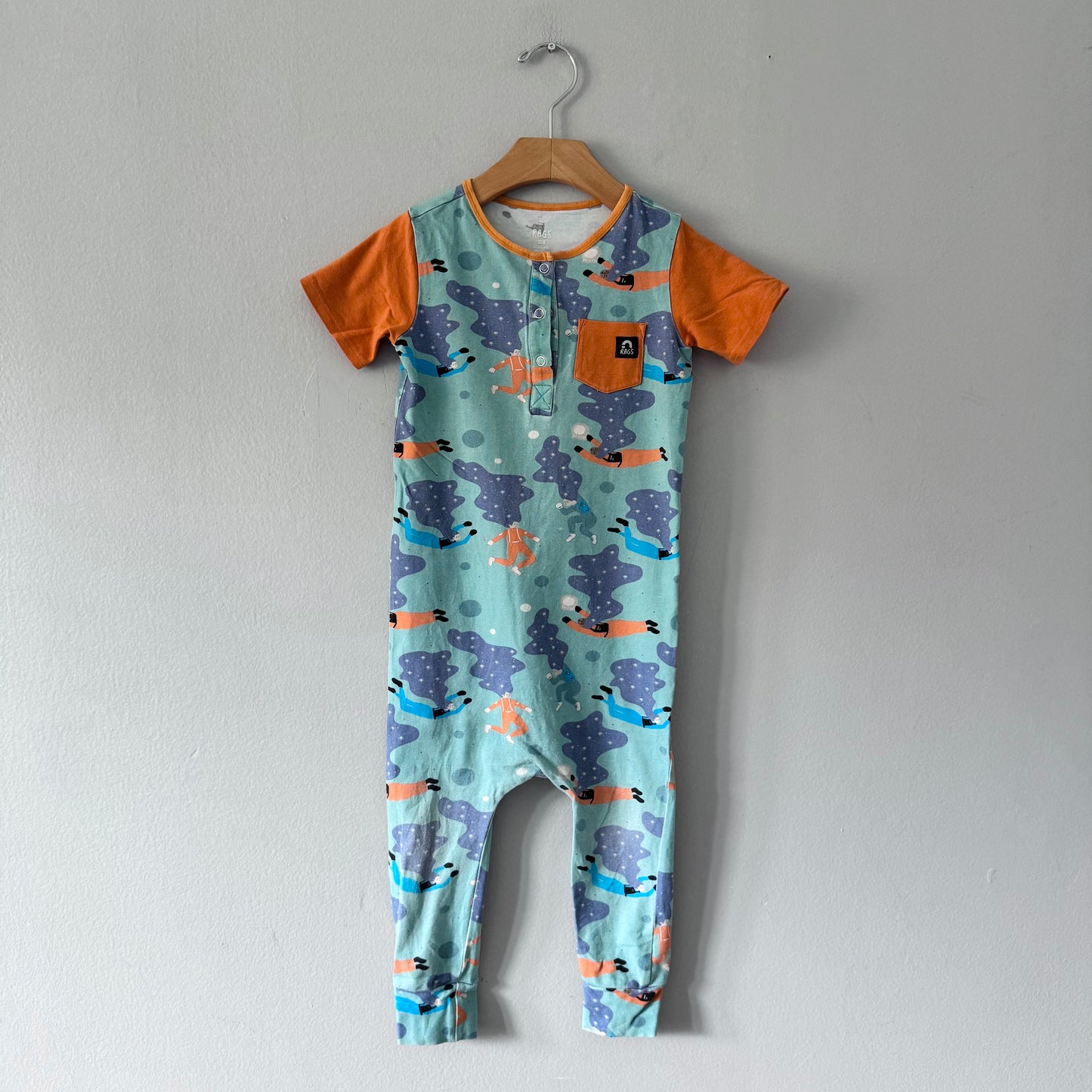 Rags / Barboteuse manches courtes bleue x orange / 3-4 ans