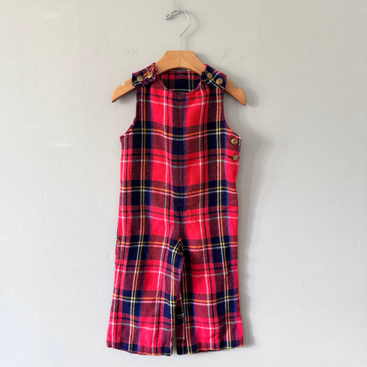 Vintage / Red navy plaid romper / 18-24M