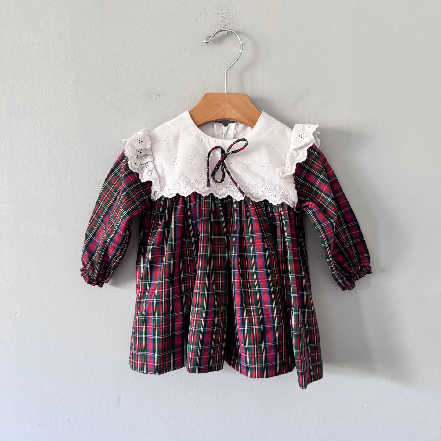 Vintage / Red green check long sleeve dress / 12M