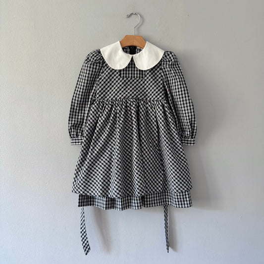 Vintage / Black white checked long sleeve dress / 4Y
