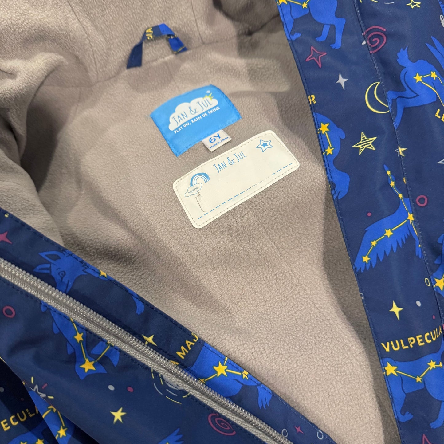 Jan & Jul / Navy x star fleece lined rain suit / 6Y
