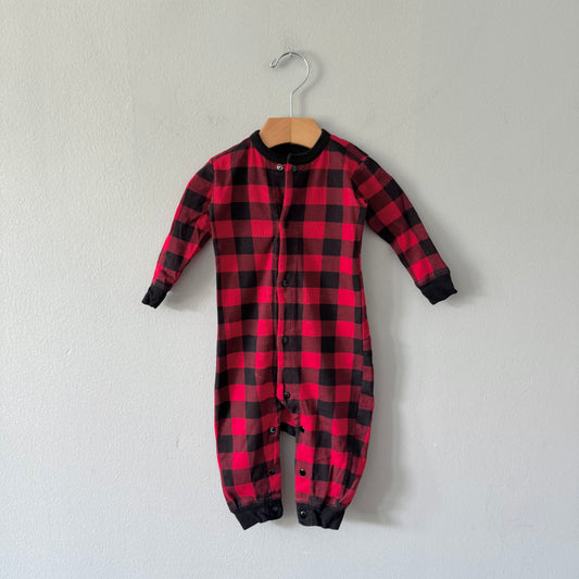 Little Blue House / Red x black plaid romper / 6-12M