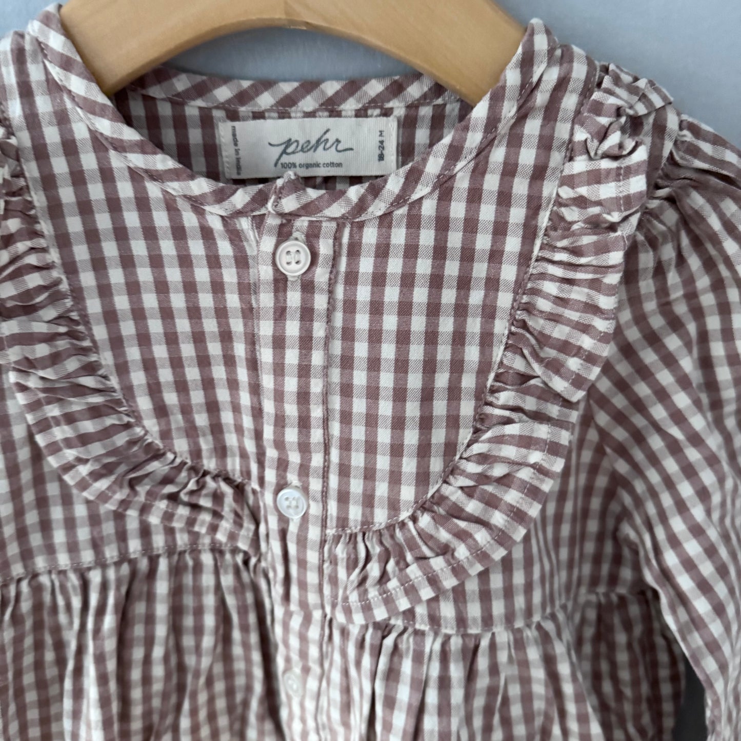 Pehr / Brown gingham long sleeve dress / 18-24M