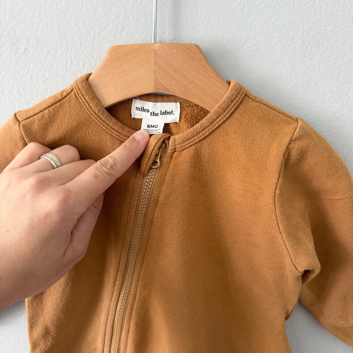 Miles the label / Camel brown sweatshirt romper / 6M