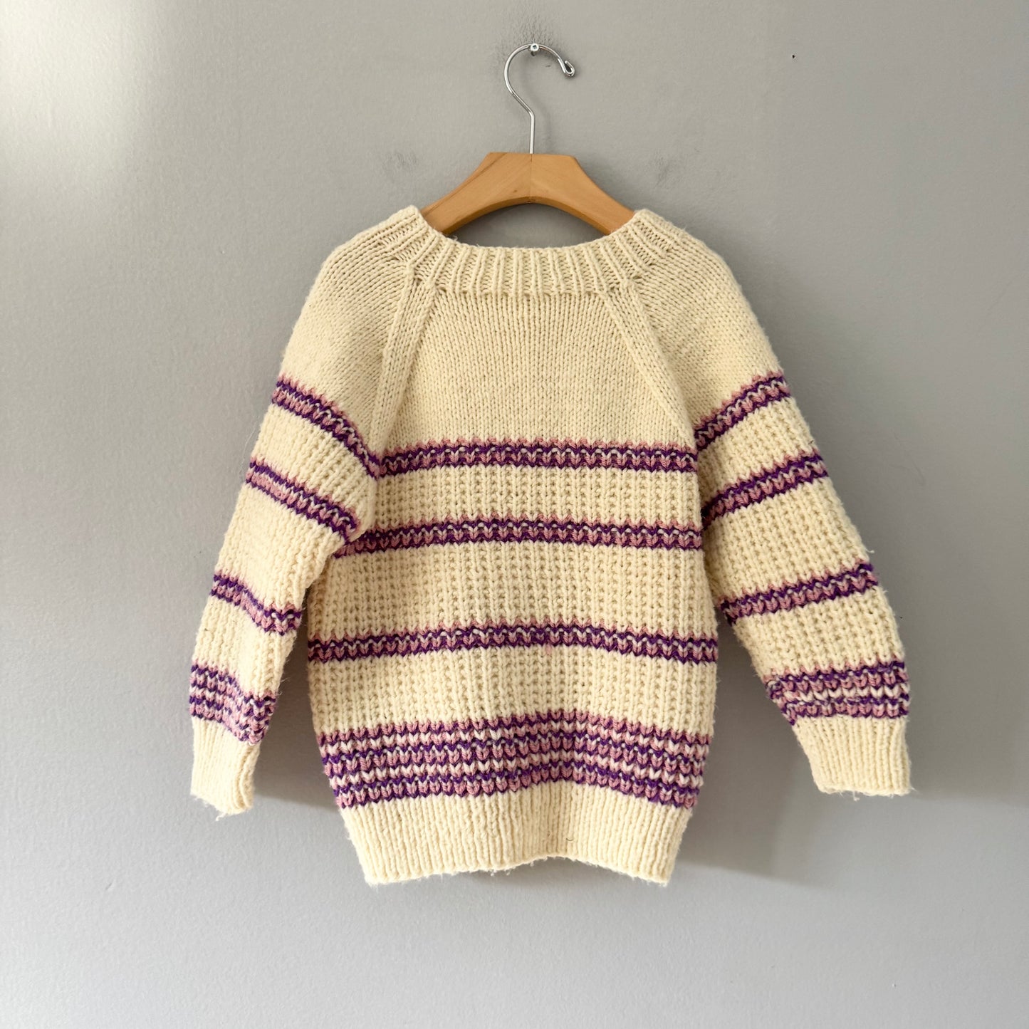 Handmade / White x purple stripe knit cardigan / 5-6Y