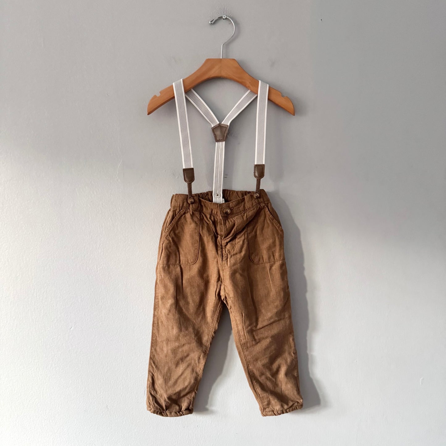 H&M / Cotton lined brown pants with suspender / 12-18M