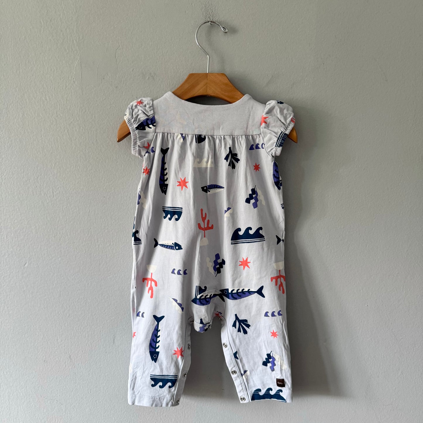 Tea / Light blue x sea pattern tank romper / 6-9M