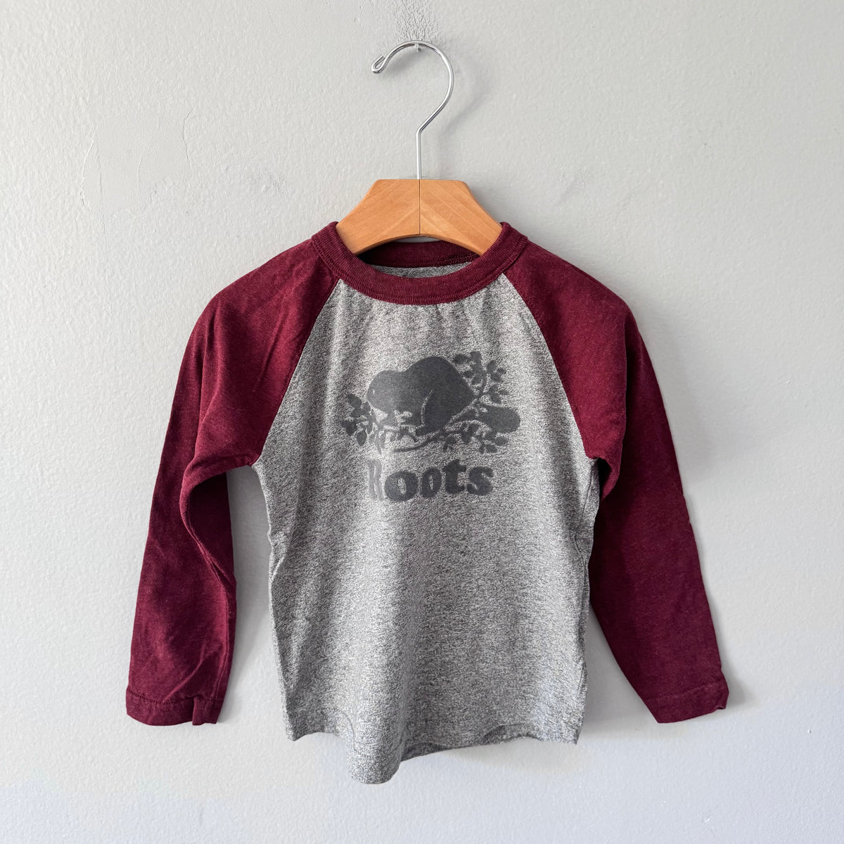 Roots / Grey x burgundy raglan long sleeve / 3T