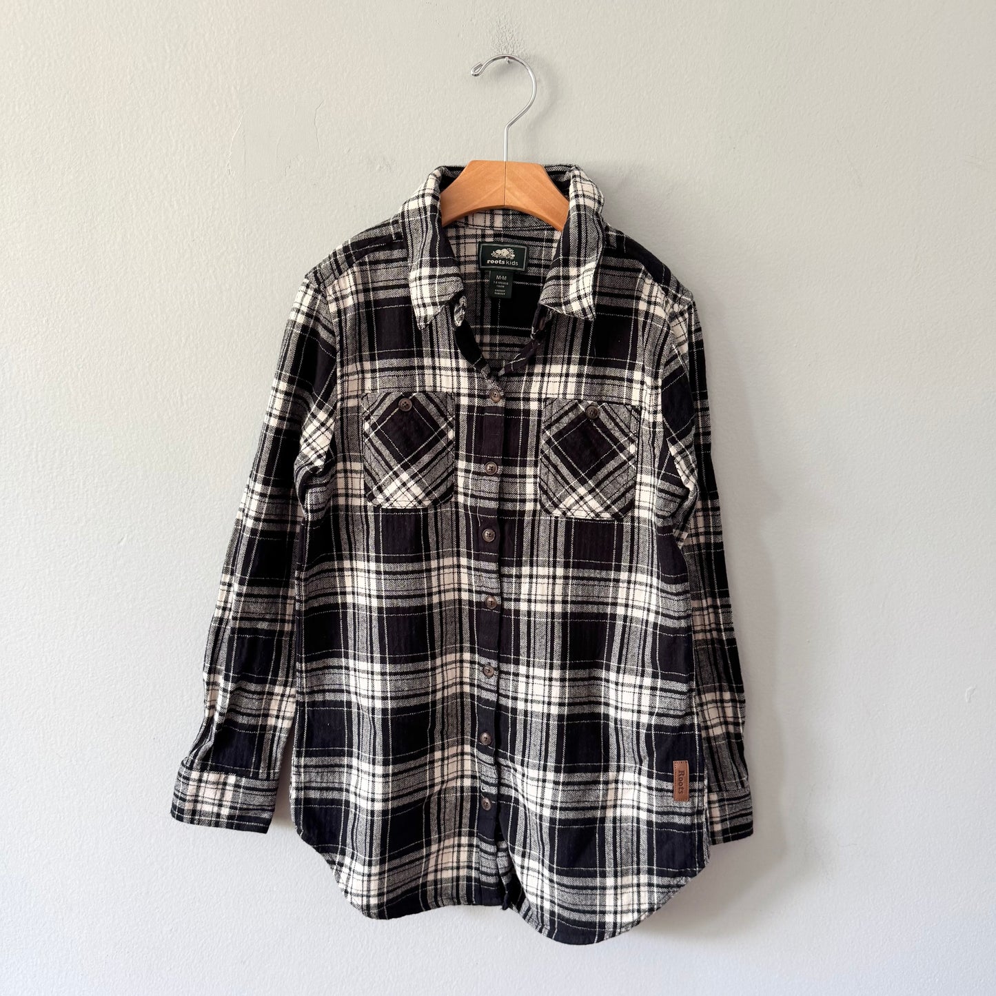 Roots / Black white checked flannel shirt / 7-8Y