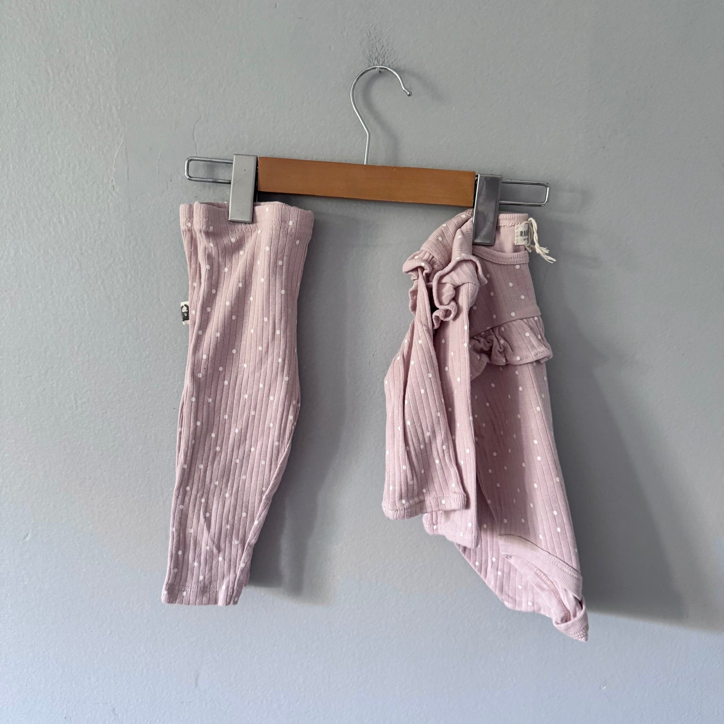 Rabbit + Bear / Light pink x dots onesie & pants set / 6-9M