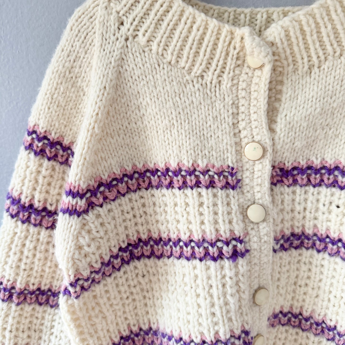 Handmade / White x purple stripe knit cardigan / 5-6Y
