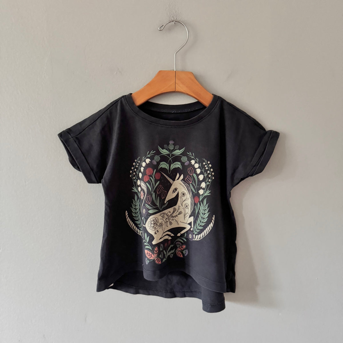 Tea / Dark grey x unicorn T-shirt / 2Y