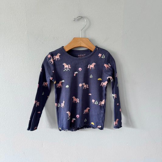 Next / Navy x pink unicorn ribbed long sleeve / 18-24M