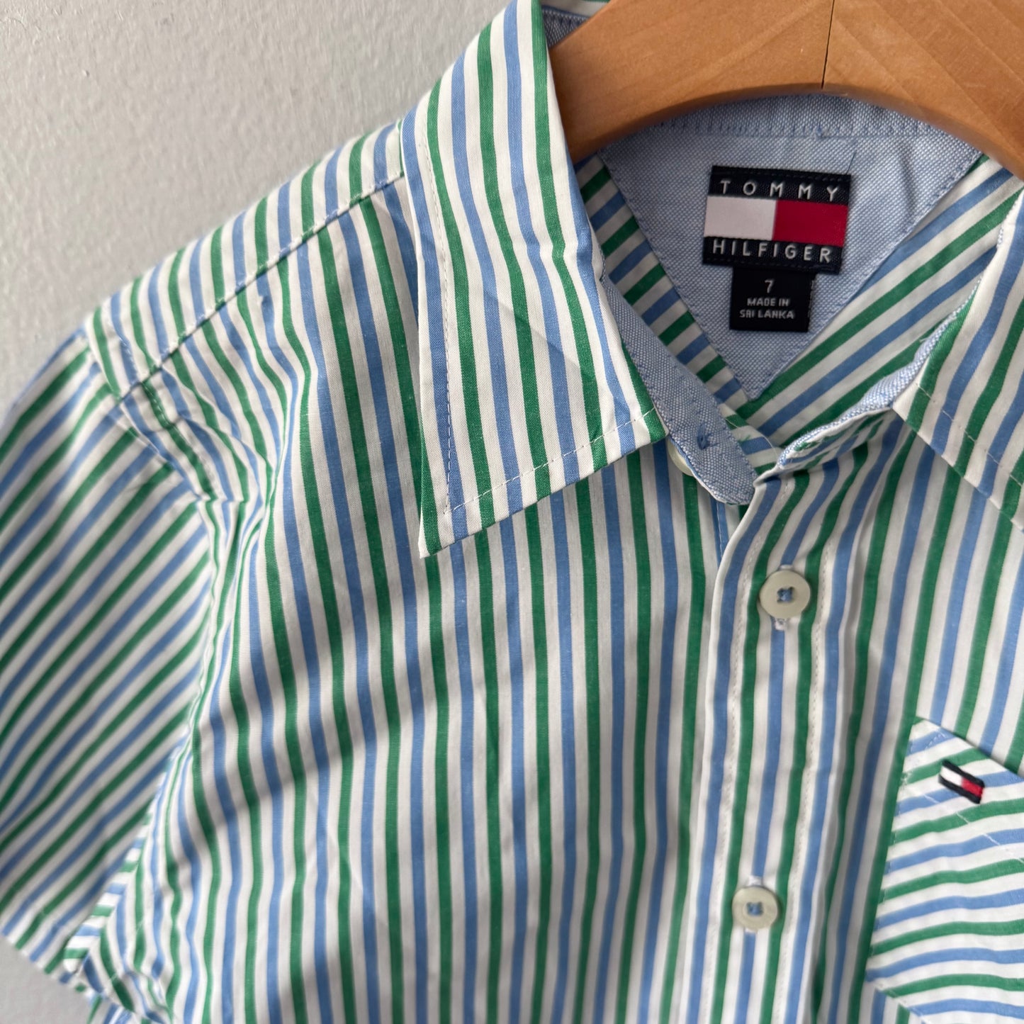 Tommy Hilfiger / White green stripe shirt / 7Y - New with tag