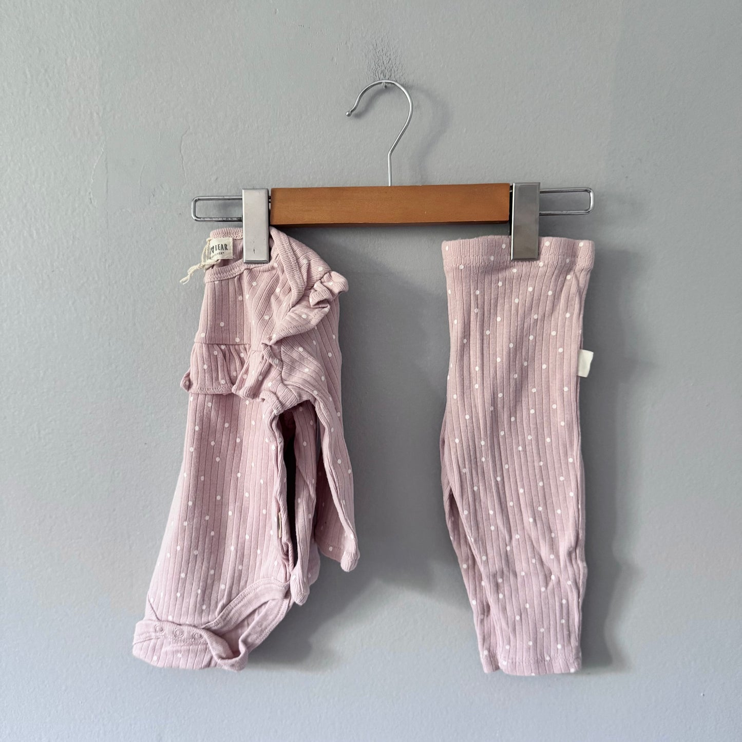 Rabbit + Bear / Light pink x dots onesie & pants set / 6-9M