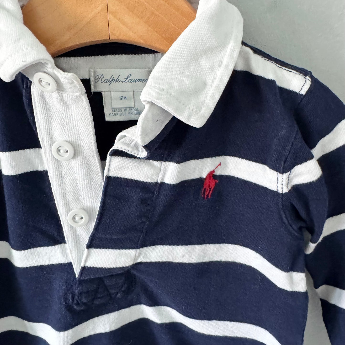 Polo Ralph Lauren / Navy white stripe romper / 12M