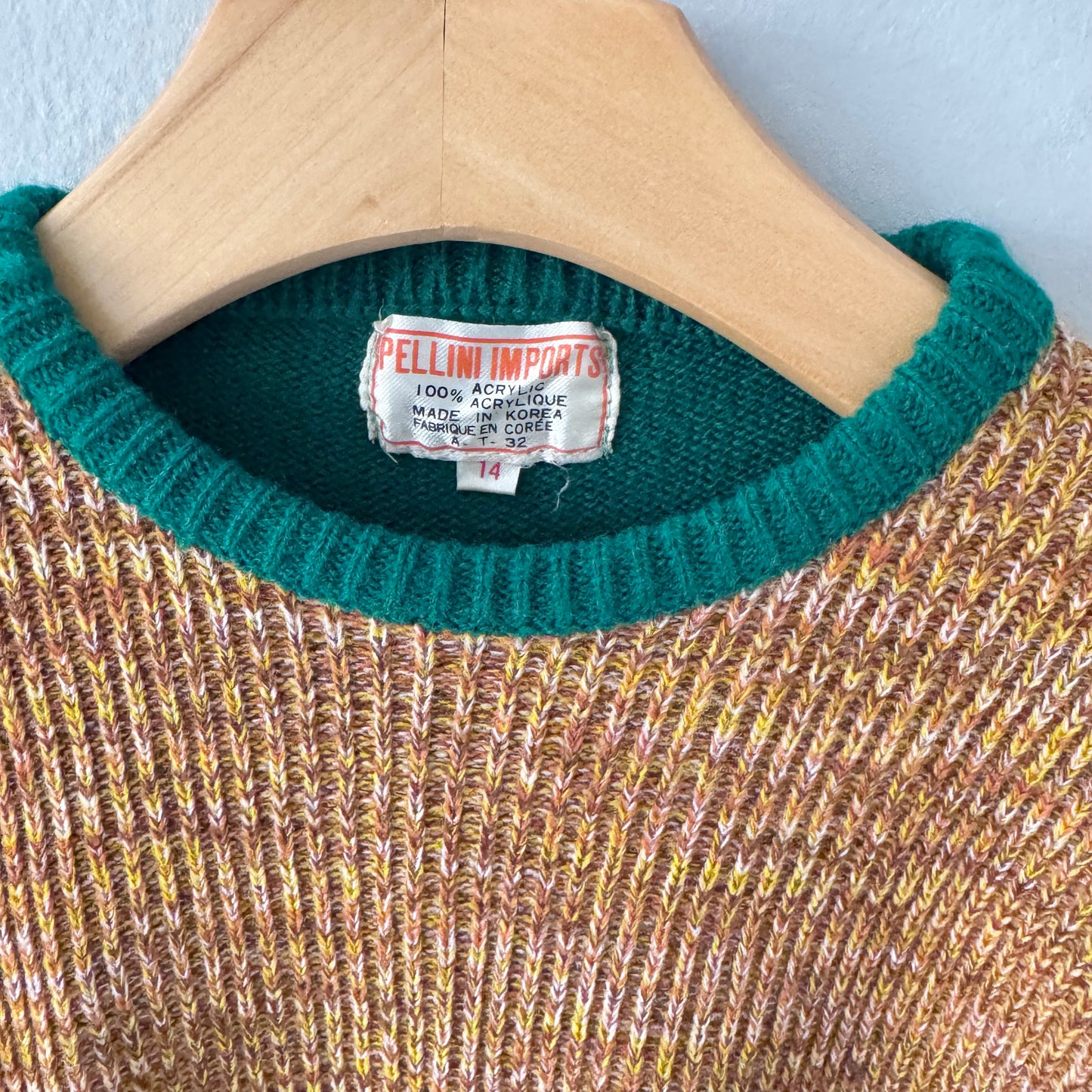 Pull en maille vintage vert et marron / 14 ans (convient aux 10-11 ans)