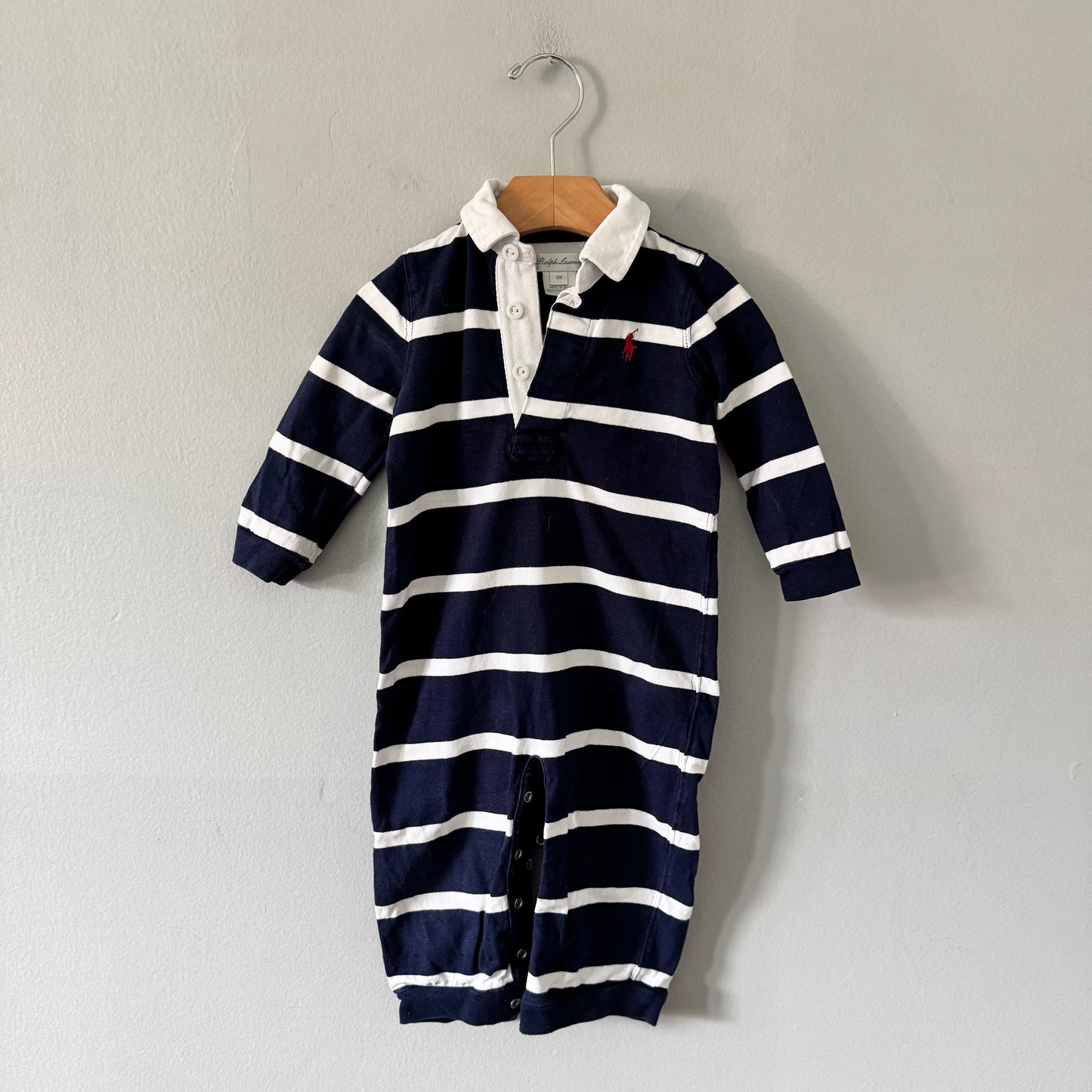 Polo Ralph Lauren / Navy white stripe romper / 12M