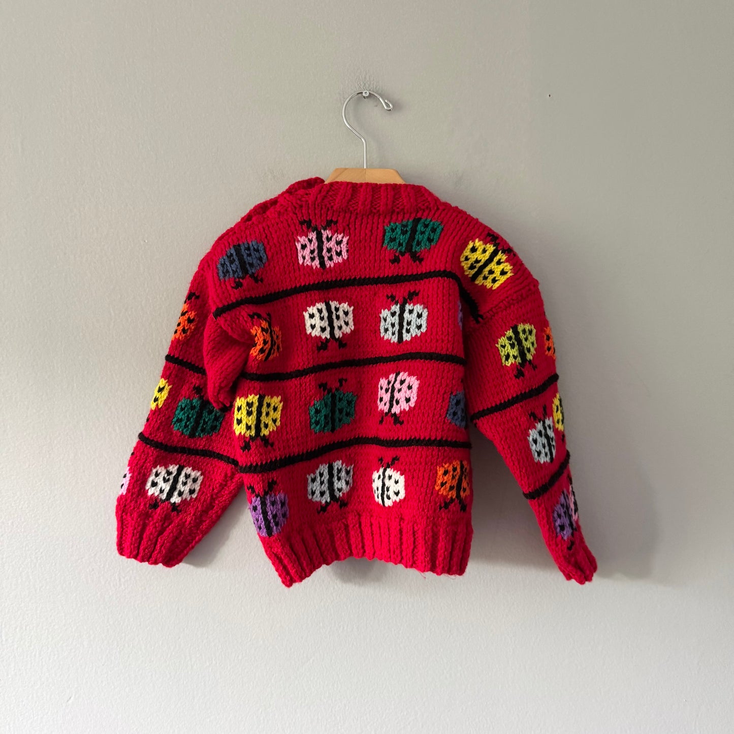 Handmade / Red ladybug knit pullover / 3-4T
