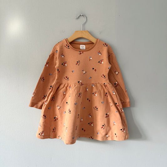 John Lewis / Orange brown x floral crew dress / 3-4Y