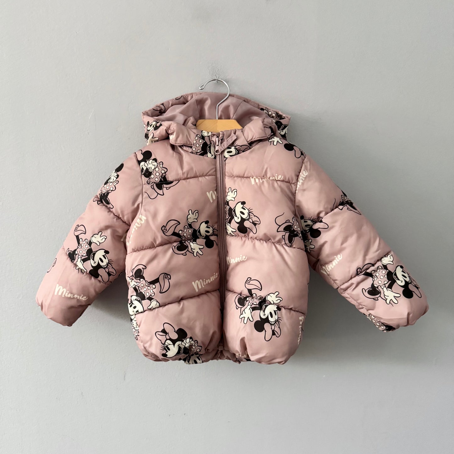 H&M / Light pink Minnie puffer jacket / 18-24M