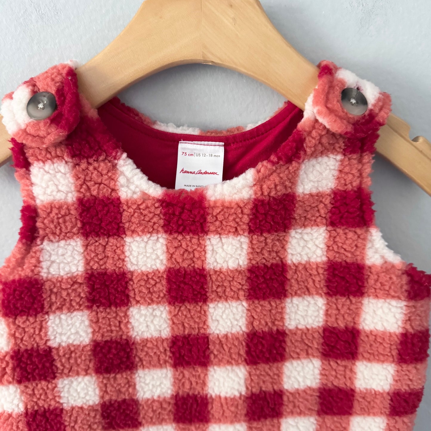 Hanna Andersson / Red white plaid sherpa overall / 12-18M