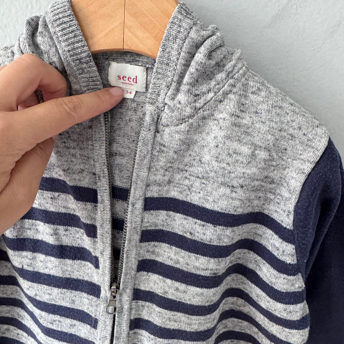 Seed / Navy grey stripe cotton knit zip up / 3-4Y