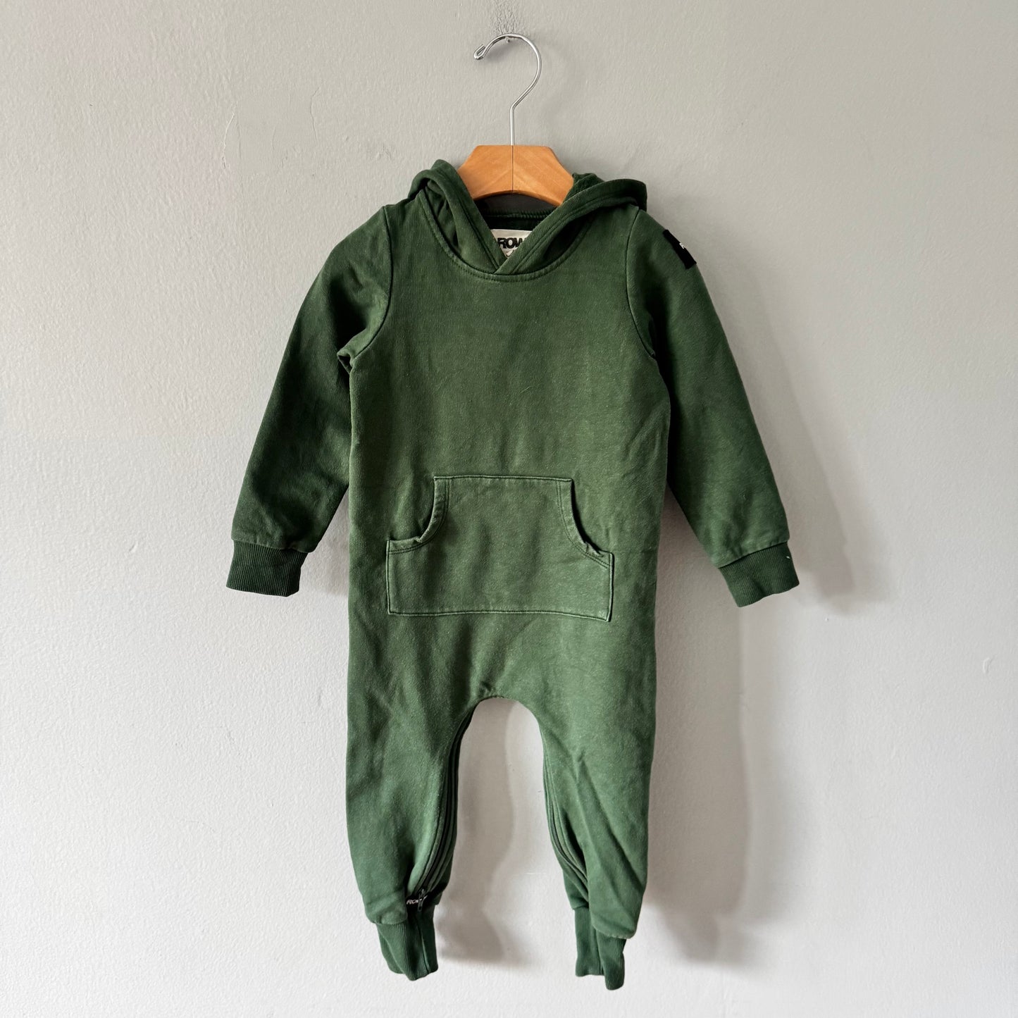 Rowe / Green crew hoodie romper / 18-24M