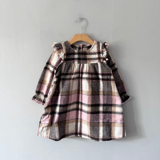 No brand / Beige brown check flannel dress / 4Y