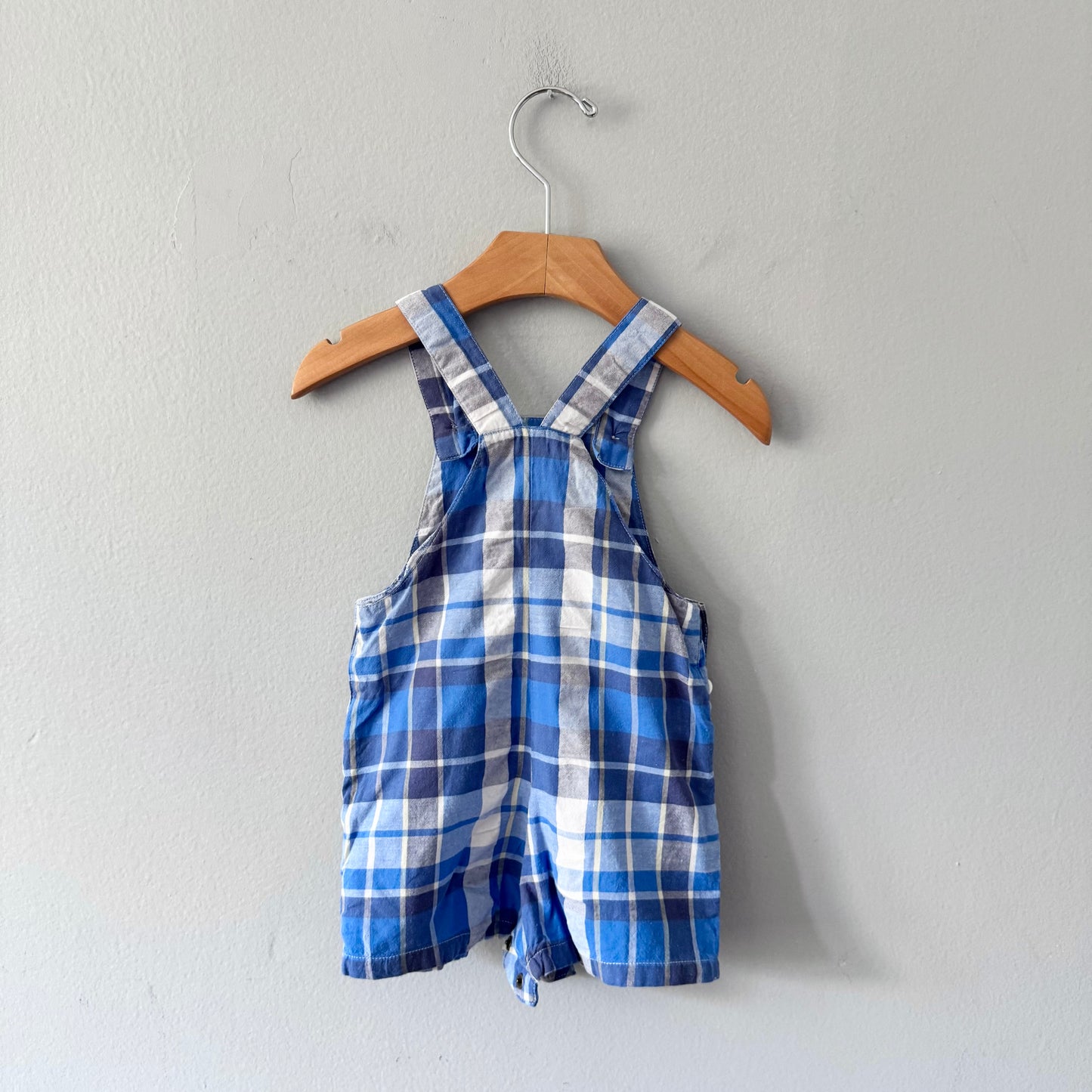 Joules / Blue check overall shorts / 3-6M