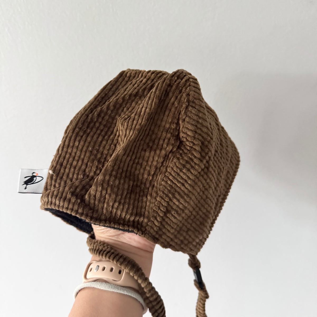 Puffin Gear / Brown fleece lined corduroy bonnet / 0-6M