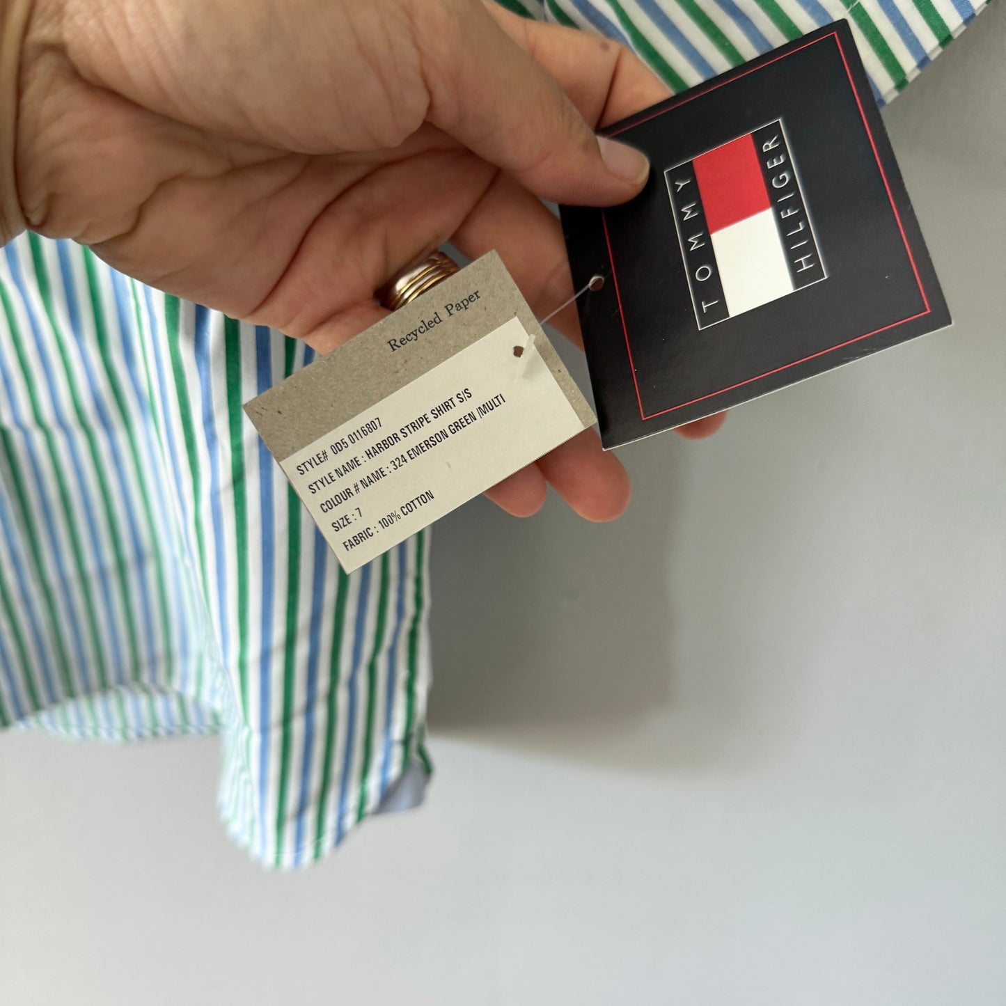 Tommy Hilfiger / White green stripe shirt / 7Y - New with tag