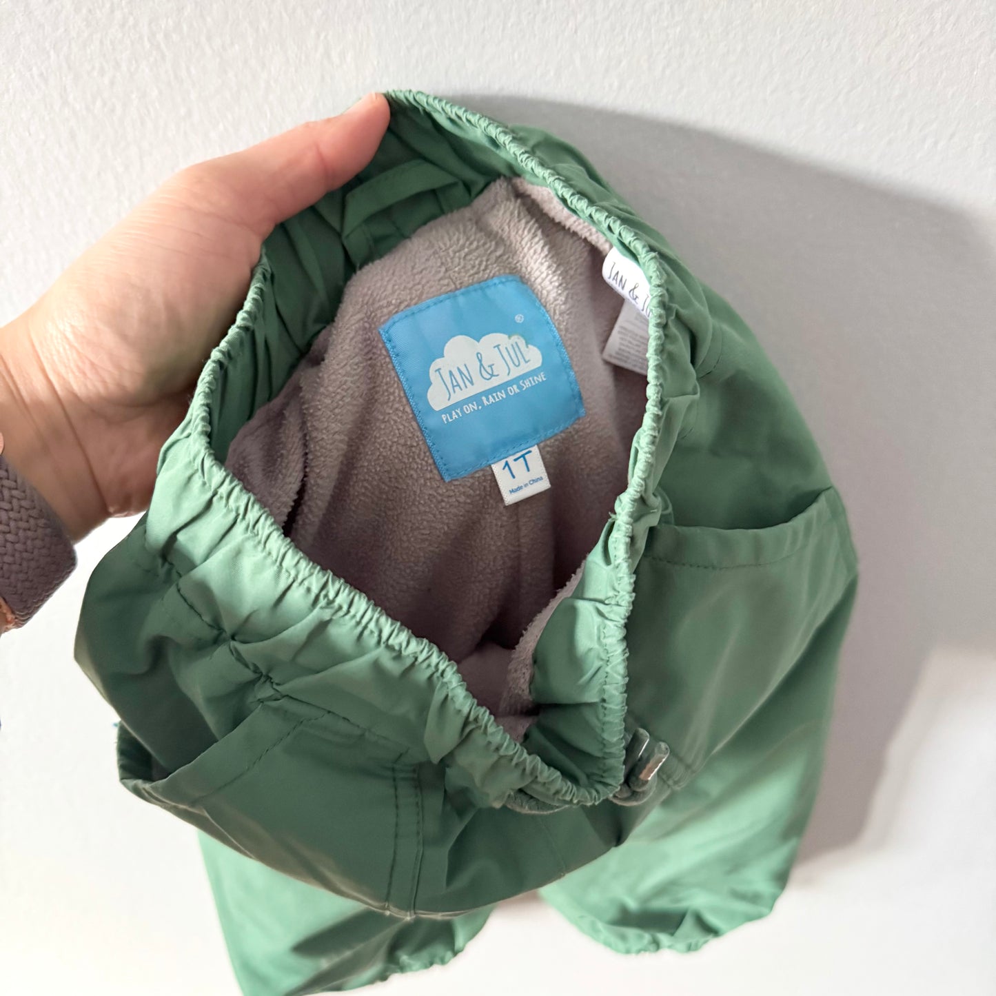 Jan & Jul / Green fleece lined rain pants / 1T