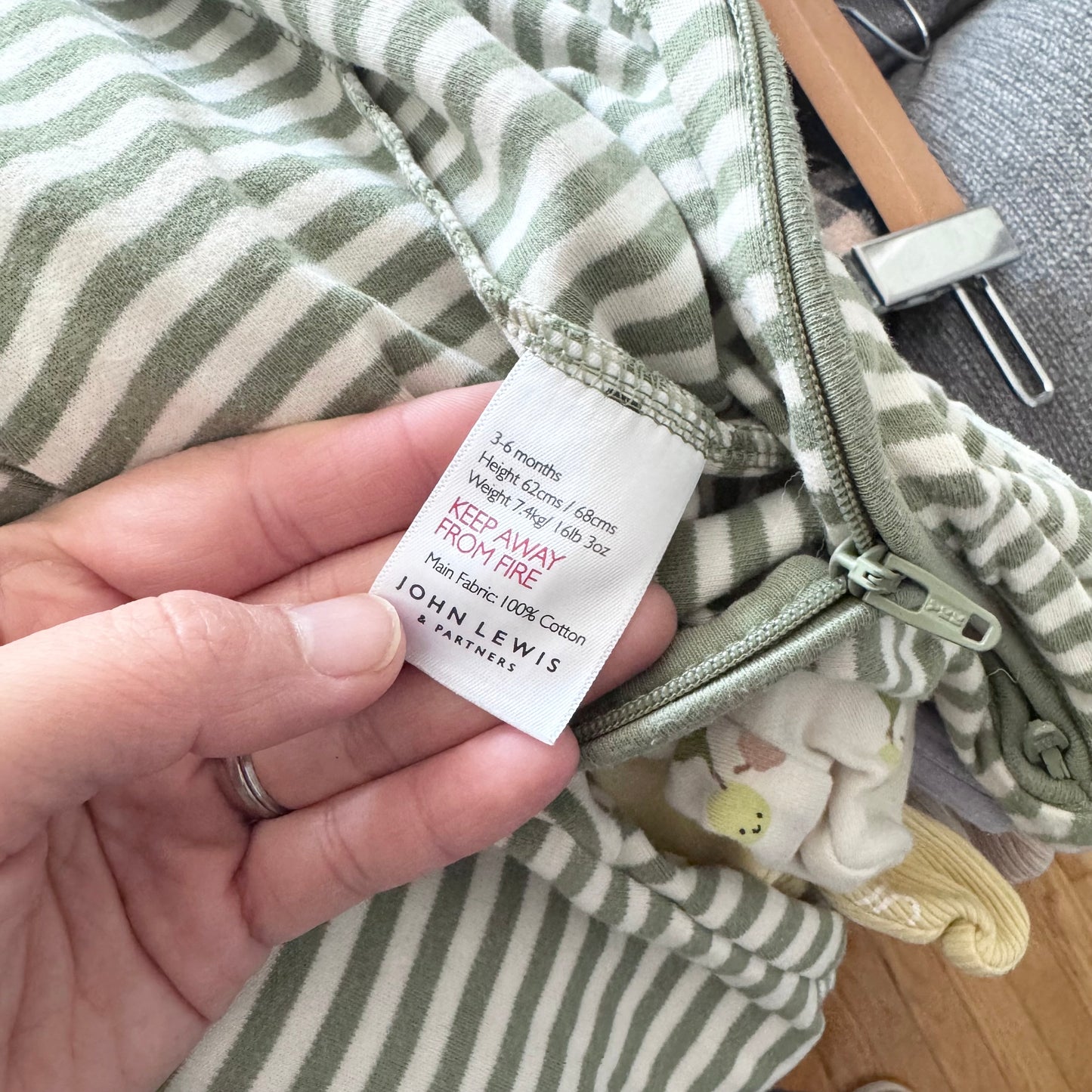 John Lewis / Olive stripe romper / 3-6M